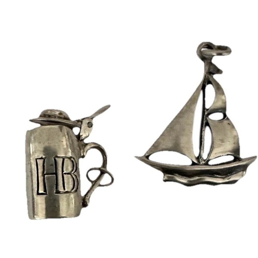 Lot 2 Sterling Silver Vintage Charms Sailboat & Beer Stein w/ Moving Lid 925